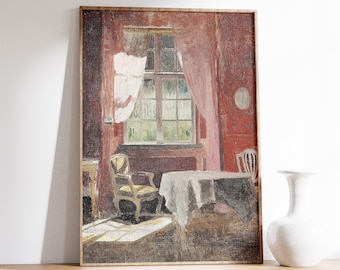 Red Interior Painting | Vintage Poster | Moody Oil Painting | Interior Scene Wall Art | Framed Print | Antique Canvas | Muted Art