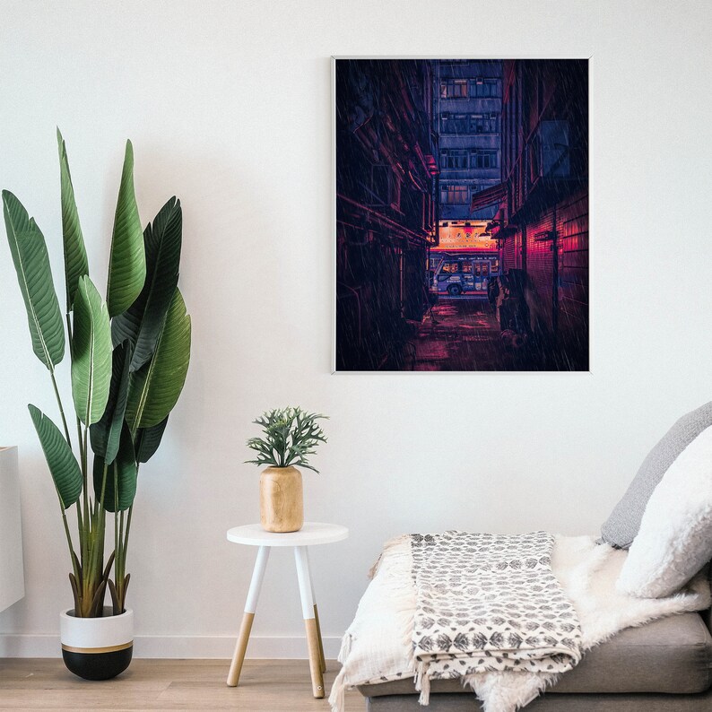 May include: A digital art print of a narrow, dark alleyway in a city. The alley is lined with tall buildings and the walls are covered in graffiti. A single streetlight casts a warm glow on the wet pavement.