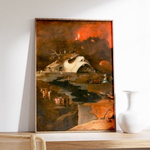 May include: A painting depicting a large, open-mouthed face with a building on top of its head. The face is surrounded by a dark, swirling landscape with figures and animals. The sky is a fiery red and orange.