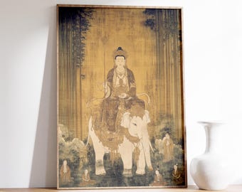 Bodhisattva on White Elephant, Buddhist Wall Art, Sacred Dharma Print, Zen Spiritual Decor, Vintage Asian Painting