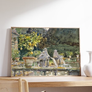John Singer Sargent - A Fountain (1910) | Vintage Poster | Watercolor Landscape, Home Wall Art, Garden Painting, Garden Landscape Print