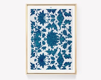 May include: A framed print of a blue and white floral pattern. The pattern features stylized flowers and leaves.