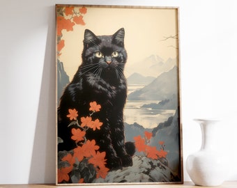 Stampa artistica giapponese / Stampa vintage di gatto nero / Poster artistico Ukiyo-e / Arte murale giapponese / Stampa di un simpatico gatto nero / Arte murale antica