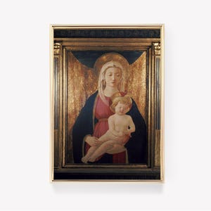 May include: A painting of the Virgin Mary holding a baby Jesus. The painting is framed in a gold frame and has a gold background. The Virgin Mary is wearing a blue robe and a red dress. The baby Jesus is wearing a white cloth.
