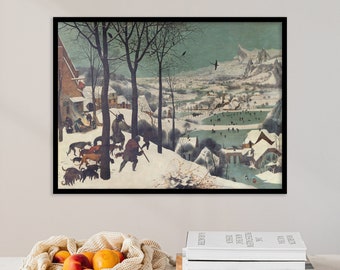 May include: A framed painting depicting a winter scene with a group of people walking through a snowy landscape. The painting is in a dark wood frame and features a variety of colors, including brown, white, and blue.