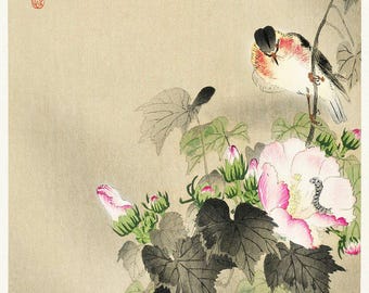 Japanese Art | Bird Painting | Hibiscus Print | Vintage Painting | Flora and Fauna | Wall Décor