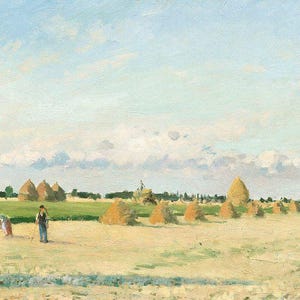 May include: An impressionistic painting of a rural landscape with a blue sky and scattered clouds. The foreground features a field with haystacks and two figures. The background shows a green field and trees.