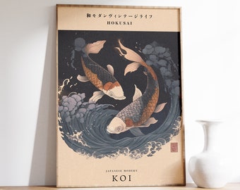Stampa di carpe koi giapponesi / Poster di carpe koi / Arte giapponese vintage / Stampa di Hokusai / Arte murale giapponese moderna / Stampa per soggiorno