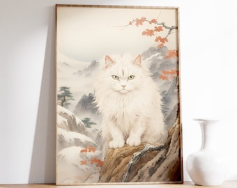 Kunstdruck | Vintage weiße Katze Druck | Ukiyo-e Kunst Poster | Japanische Wandkunst | Süße weiße Katze Druck | Antike Wandkunst