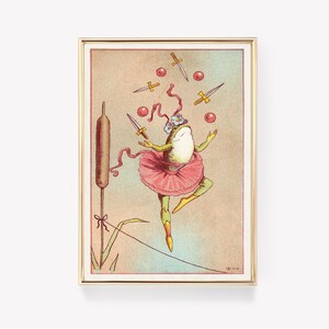 May include: A whimsical illustration of a frog wearing a pink tutu and juggling red balls and swords. The frog is standing on a tightrope with a tall green reed in the background.