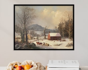 George Henry Durrie - Red School House (1858) / Winter Snow Landscape Wall Art Poster Print Country Scene Regalo vintage Decoración para el hogar Pintura