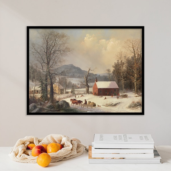 George Henry Durrie - Red School House (1858) | Winter Snow Landscape Wall Art Poster Print Country Scene Vintage Gift Home Decor Painting