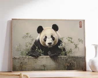 Pôster de arte japonesa de panda | Arte de parede antiga com animais | Pôster japonês antigo | Gravura tradicional em madeira | Impressão Ukiyo-e