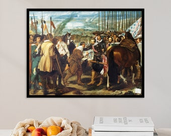 Peut inclure: Une impression encadrée d'une peinture historique représentant un groupe d'hommes en costumes d'époque, certains à cheval, engagés dans un échange formel. L'œuvre présente une scène détaillée avec diverses figures et un arrière-plan de paysage.