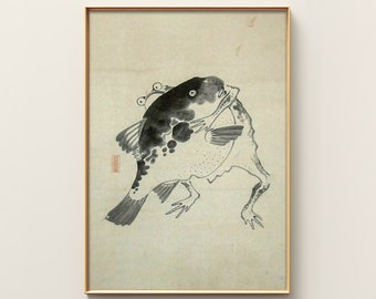 Japanese Frog Art Print | Japanese Fish Print | Ukiyo-e Print | Wall Art Print | Animal Wall Art | Oriental Print | Cat Lovers Gift