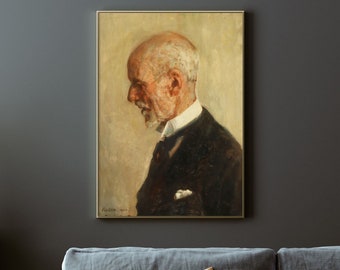 May include: A painting of a man in profile, with a white beard and wearing a dark suit. The painting is in a gold frame and has a light background.