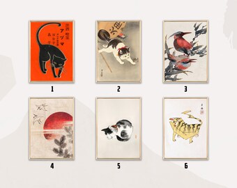 May include: Six framed prints of Japanese art featuring cats, birds, and a red sun. The prints are numbered 1 through 6.