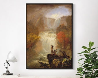 Könnte beinhalten: Ein Gemälde, das einen Wasserfall zeigt, der eine felsige Klippe hinunterstürzt. Zwei Figuren stehen auf einem Felsvorsprung und blicken auf das Wasser, im Hintergrund ein Regenbogen.