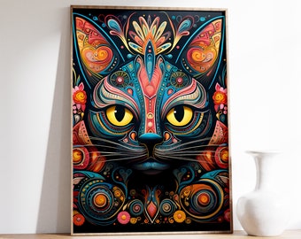 Mexican Cat Poster | Cat Print | Vintage Mexican Wall Art | Mexicn Folk Art Print
