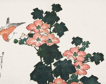 Hibiscus & Sparrow | Hokusai Art Print | Japanese Vintage | Nature Print | Wall Art | Vintage Painting