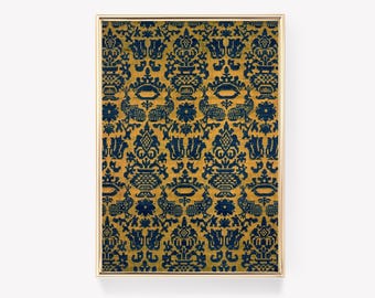May include: A framed print of a vintage textile design featuring a repeating pattern of stylized floral motifs in shades of blue and gold.