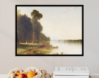 Vintage Muted Seaside Painting | John Frederick Kensett | Summer Day on Conesus Lake (1870) | Lakeside Oil Painting, Lake Poster, Wall Art