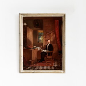 Vintage Interior Painting | Library Painting | Gentleman Portrait | Moody Interior Print | Interior Door Painting | Interior Wall Art | Gift