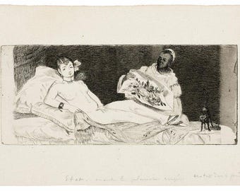 May include: A black and white etching of a woman reclining on a bed, with a person holding a book standing behind her.