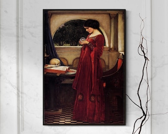 May include: A woman in a long, red dress stands in a room with a skull and a book on a table. She is holding a crystal ball in her hand and looking at it intently.