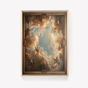 May include: A framed painting depicting a scene of angels and clouds in a sky with shades of blue, brown, and white.