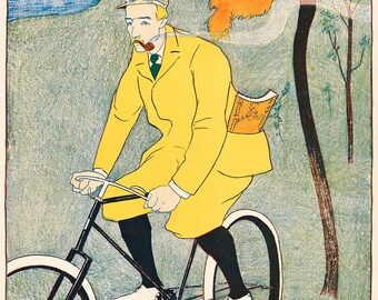 May include: A man in a yellow coat and a cap rides a bicycle with a book tucked into his back pocket. He is smoking a pipe and the smoke trails behind him. The background is a landscape with a blue sky, green grass, and a tree with orange leaves.