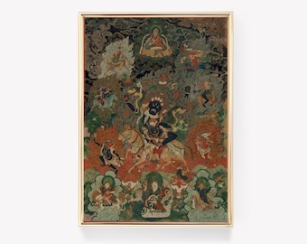 May include: A colorful Tibetan Buddhist painting depicting a deity riding a horse, surrounded by other figures and symbols. The painting is framed in gold and features intricate details.