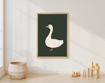 Silly Goose Wall Art | Minimalist Animal Nursery Print | Dark Green Kids Room Decor | Farmhouse Goose Artwork