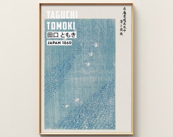 May include: A framed print of a blue and white Japanese woodblock print with the text "TAGUCHI TOMOKI 田口ともき JAPAN 1860" and Japanese text in the upper right corner.