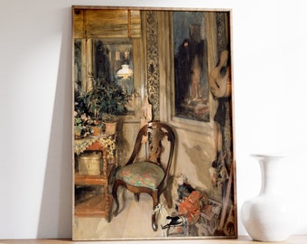 Interior Wall Art | Vintage Poster | Moody Oil Painting | Interior Scene Painting | Framed Print | Antique Canvas | Muted Art | Chair Print
