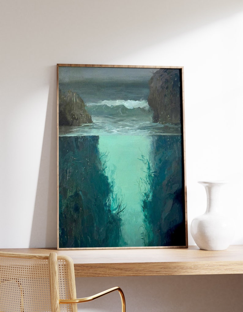 a painting on a wall next to a chair