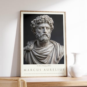 May include: A framed print of a bust sculpture of Marcus Aurelius, a Roman emperor and philosopher. The print features a quote from Marcus Aurelius: "You have power over your mind, not outside events. Realize this, and you will find strength."