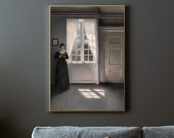 Vilhelm Hammershoi - Interior from Strandgade 30 (1900) - Poster Painting Reading by Window Decor Photo Print Art Gift Danish Art Woman