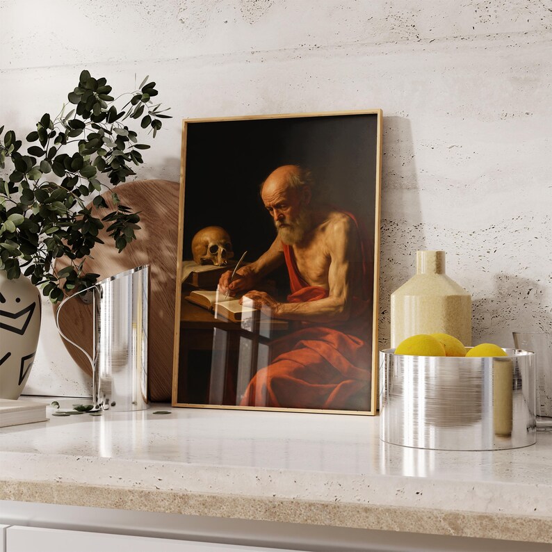 a painting of a man with a skull on a table