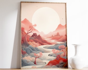 Terracotta Sun Mountain Print | Minimal Wall Art | Mid Century Abstract Sun | Boho Art | Red wall art
