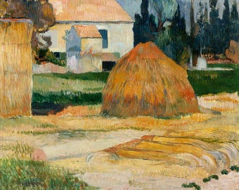 Op de afbeelding: Een schilderij van een landelijk landschap met een boerderij op de achtergrond, een grote hooiberg op de voorgrond en een veld met hoog gras. De lucht is lichtblauw met wat wolken. De kleuren zijn gedempt en aards, met tinten groen, bruin en geel.