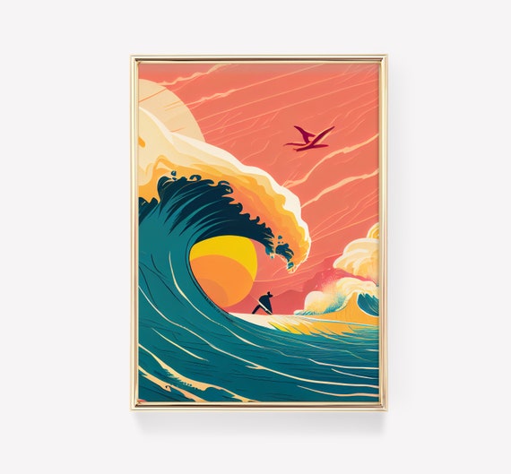 Surf Wand Kunst Retro Surf Poster Vintage Strand Druck Surfer Print Surf  Wanddeko Welle Wandkunst Illustration Kunst