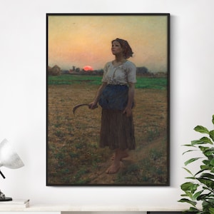 Jules Breton - Der Lerche Lied (1884) | Vintage Frauen Porträt | Arbeitende Bauernmädchen Sichel Sonnenuntergang Ernte Druck Geschenk Plakat Wandkunst