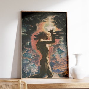 May include: A painting of a nude male figure standing in a swirling cloud of colors. The figure is reaching up with one hand, and the other hand is resting on their hip. The background is a vibrant mix of pink, orange, blue, and green.