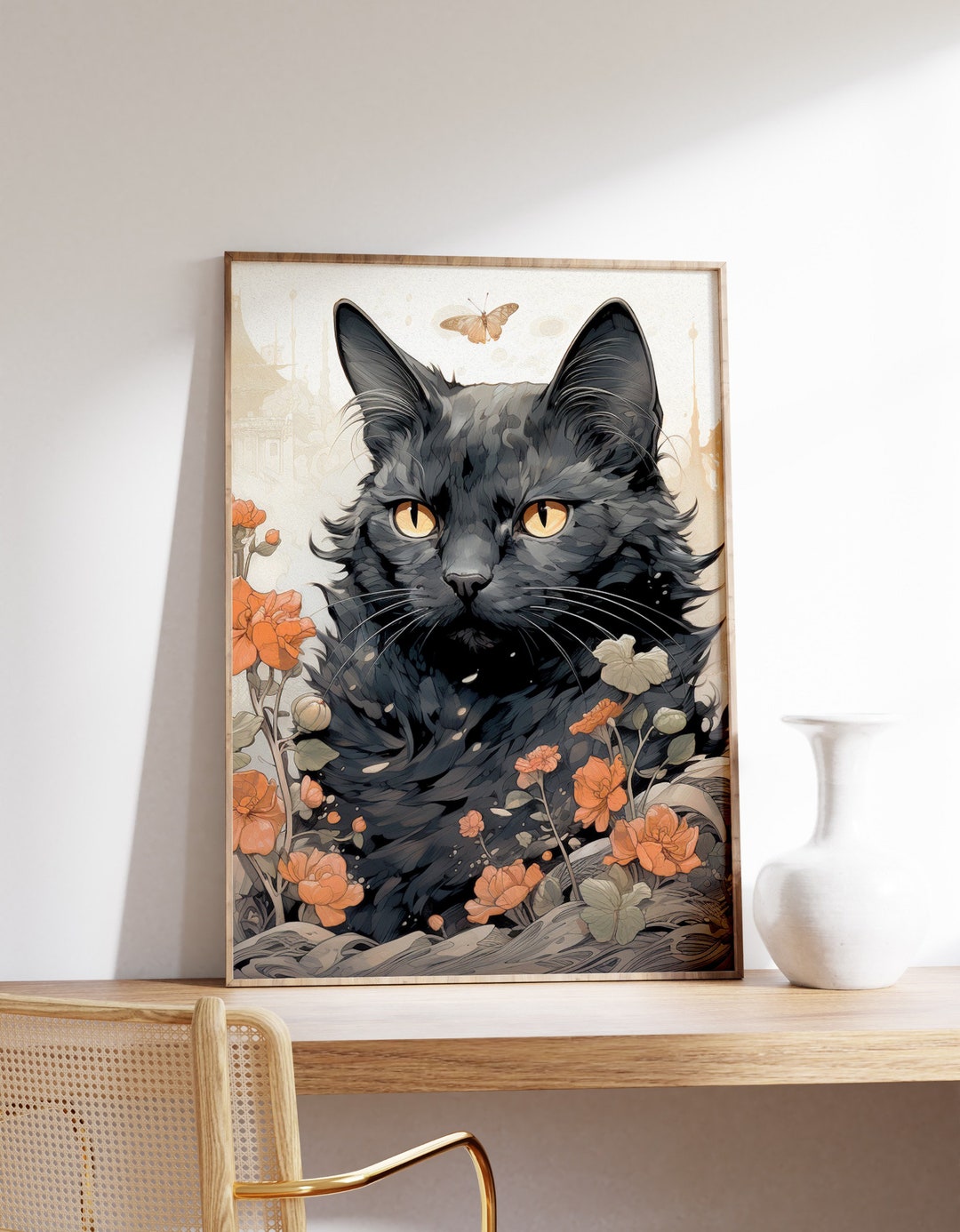 Japanese Black Cat Poster Animal Poster Black Cat Art Etsy