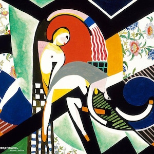 May include: Abstract painting with geometric shapes and bold colors. The painting features a figure with a white body and red, yellow, and blue accents. The background is a mix of black, white, and green.