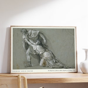 May include: A black and white drawing of a man and woman in a dramatic pose. The man is running away while the woman reaches out to him. The drawing is titled "The Departure of Marcus Attilius Regulus for Carthage (1794)" and is attributed to Jacques Louis David.