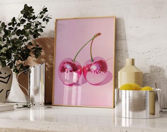 Pink Disco Cherry Print | girly wall art pink room decor | Retro Cherry Print | Pop Art Decor | y2k poster | Makeup Room Decor