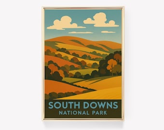 South Downs Travel Poster, England Wall Art, South Downs Print, England Canvas Poster, UK Vintage Decor Gift