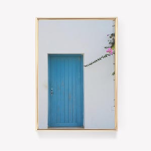 Blue Door With | Bougainvillea Print | Floral Doorway Art | Mediterranean Decor | Vintage Painting | Wall Art |